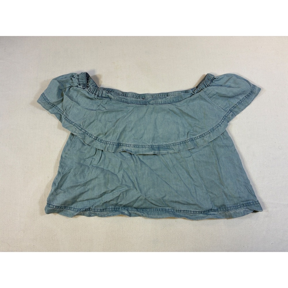 Free People Denim Blue Off The Shoulder Ruffle Crop‎ Top Medium Boho Chambray